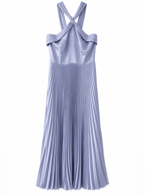 Azazie Dresses & Skirts - Azazie Dusty Blue Pleated Halter Bridesmaid Maxi Dress Size A12 (US 10/12)